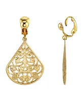 2028 Gold Tone Filigree Teardrop Clip Earrings