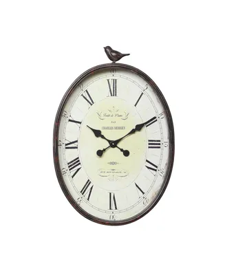 Oval Metal Wall Clock with Bird, Antique-Like Bronze