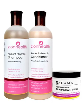 Zion Health Tropical Blend Hair Bundle Vanilla Coconut Shampoo 16 oz + Vanilla Coconut Conditioner 16 oz + Vanilla Coconut Scalp Hair Scrub 4 oz
