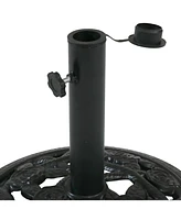 Outdoor Patio Umbrella Base Stand - Cast Iron Heavy Duty Decorative Rose Blossom Design Black 16-Inch Diameter