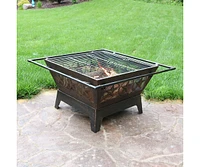 Sunnydaze Decor Northern Galaxy 32-Inch Heavy-Duty Square Fire Pit with Cooking Grill Grate, Spark Screen, and Fireplace Poker