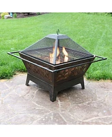 Sunnydaze Decor Northern Galaxy 32-Inch Heavy-Duty Square Fire Pit with Cooking Grill Grate, Spark Screen, and Fireplace Poker