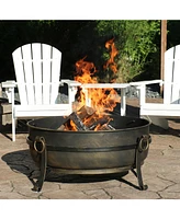 Cauldron Style Outdoor Fire Pit Bowl with Spark Screen, Log Poker, and Wood Grate