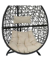 Caroline Hanging Egg Chair Swing with Steel Stand Set - Resin Wicker Basket Frame Includes Beige Cushions