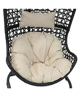 Cordelia Hanging Egg Chair with Steel Stand Set - Resin Wicker Porch Swing Includes Beige Cushion and Headrest