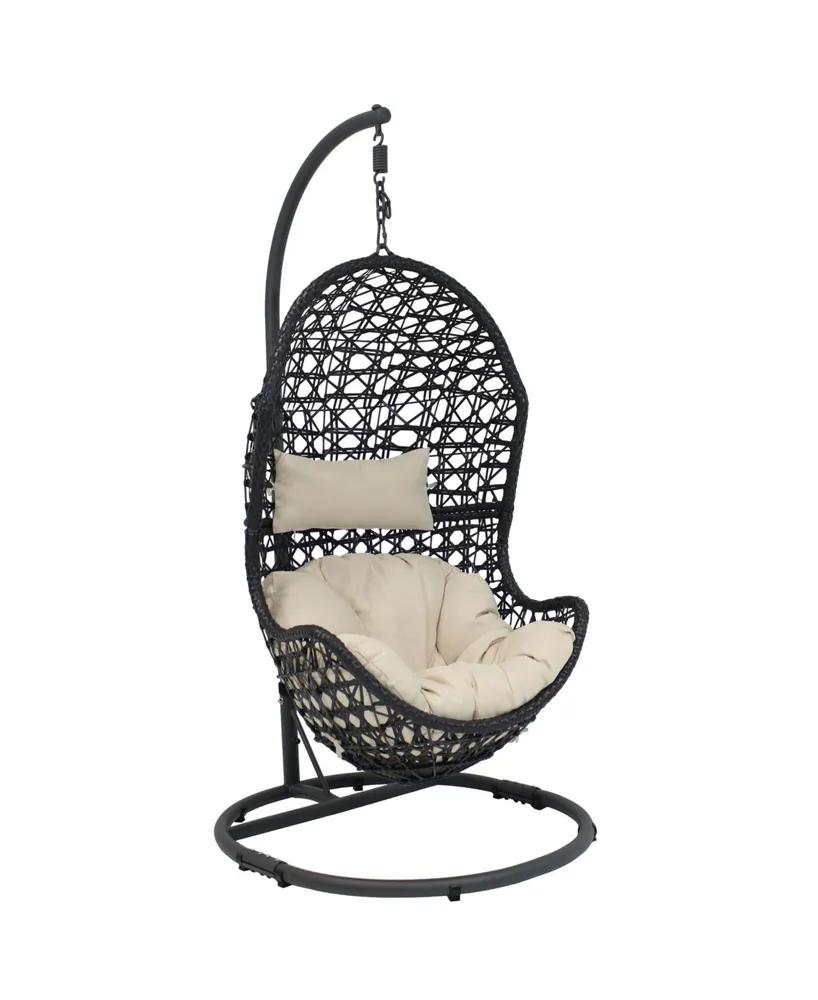 Sunnydaze Decor Cordelia Hanging Egg Chair with Steel Stand Set - Resin Wicker Porch Swing Includes Gray Cushion and Headrest