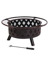 Crossweave Outdoor Fire Pit - Wood-Burning Fire Pit for Outside with Spark Screen, Poker and Round Cover - 30-Inch - Bronze