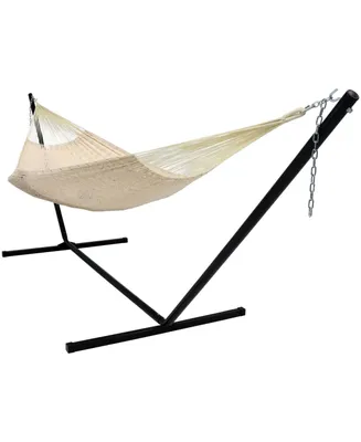 Xxl Thick Cord Family-Size, Handwoven Mayan Hammock with 15-Foot Steel Stand - 400-Pound Capacity - Natural