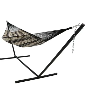 Handwoven Cotton and Nylon Mayan Family Hammock with 15-Foot Steel Stand - 400-Pound Capacity Black Blue