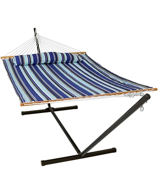 Quilted Double Hammock with 12-Foot Stand and Pillow - 350-Pound Capacity - Black Stand