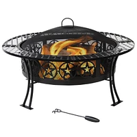 Outdoor Camping or Backyard Steel Round Four Star Fire Pit Table with Spark Screen - 40" - Black