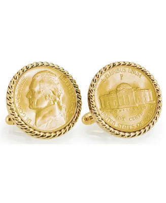 American Coin Treasures Gold-Layered Silver Jefferson Nickel Wartime Nickel Rope Bezel Coin Cuff Links