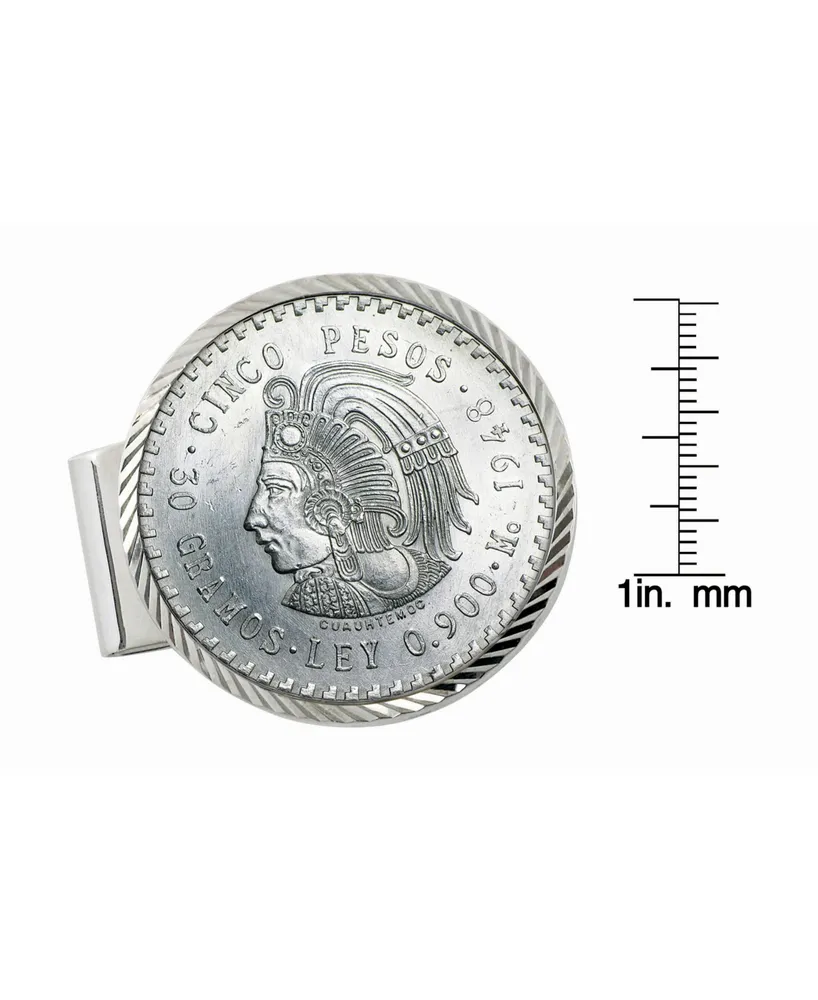 Men's American Coin Treasures Sterling Silver Diamond Cut Coin Money Clip Cuauhtemoc Mexican Cinco Pesos