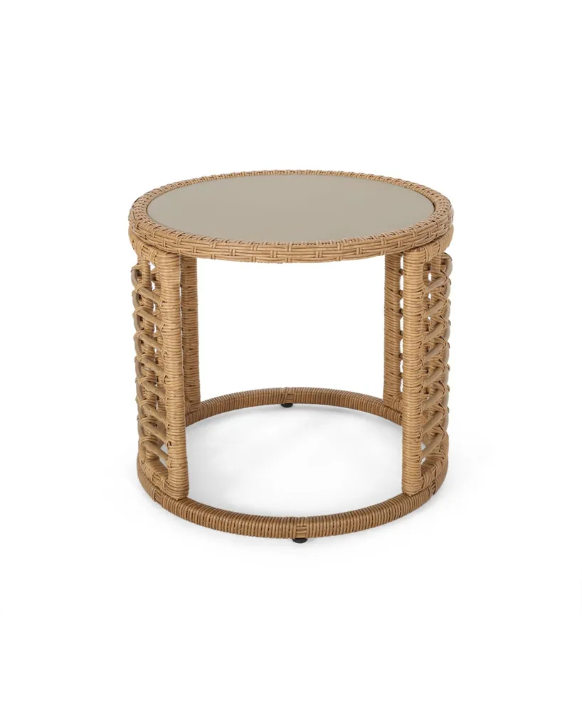 Noble House Tatiana Outdoor Modern Boho Side Table with Glass Top