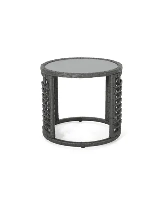 Noble House Tatiana Outdoor Modern Boho Side Table with Glass Top