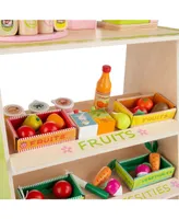 Hey Play Kids Fresh Market Selling Stand - Wooden Grocery Store Playset With Toy Cash Register, Scale, Pretend Credit Card And Food Accessories