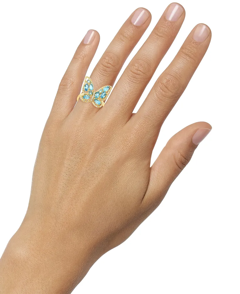 Lali Jewels Swiss Blue Topaz (2-1/20 ct. t.w.) & Diamond (1/6 ct. t.w.) Butterfly Ring in 14k Gold