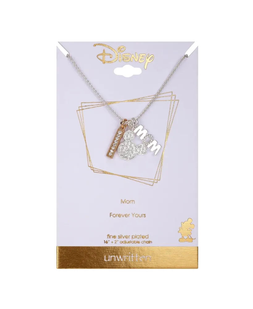 Silver Plated Mickey Mouse "Mom" and Clear Crystal Bar Charm Necklace, 16"+2" Extender