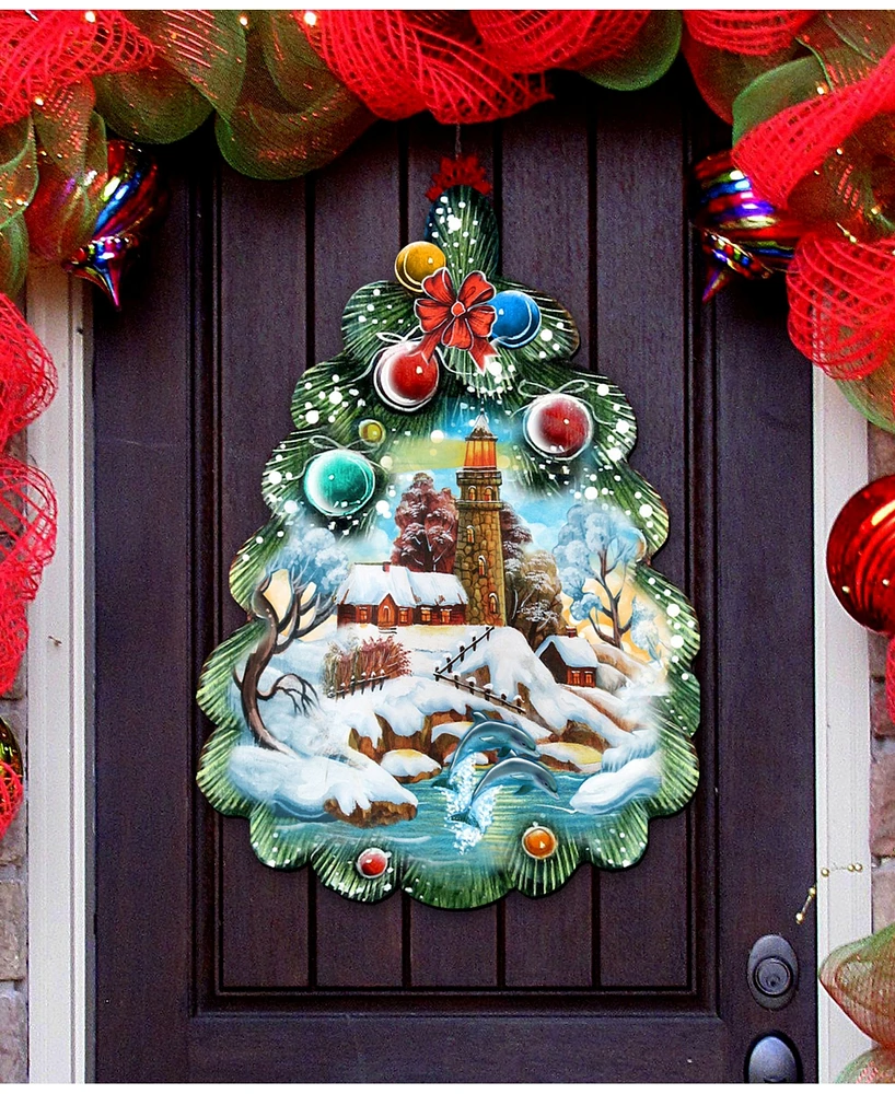 Designocracy Light House Tree Christmas Door Hanger