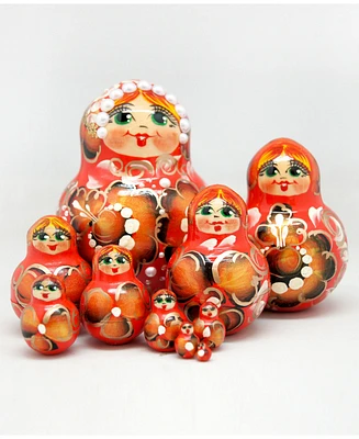 G.DeBrekht Flower In Red 10 Piece Russian Matryoshka Nested Doll Set