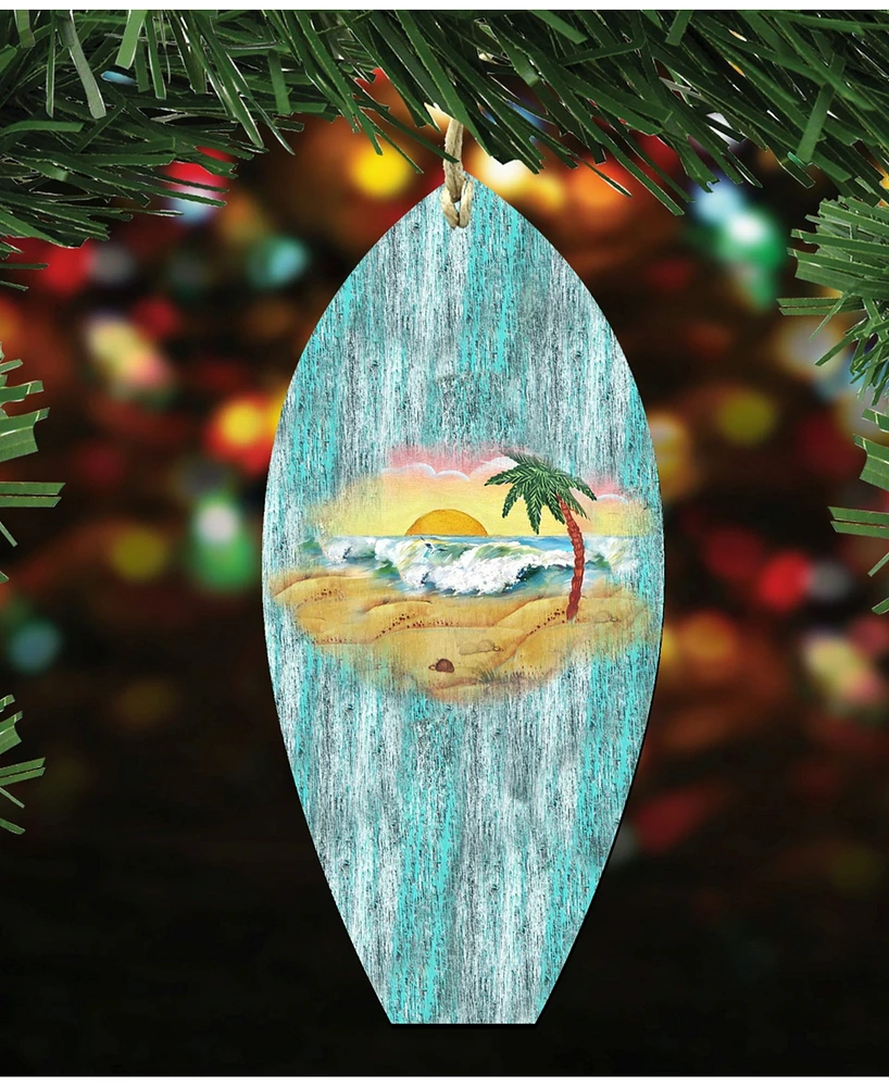 Designocracy Surfboard Scenic Wooden Christmas Ornament Set of 2