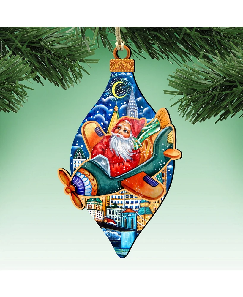 Designocracy Air Plainer Santa Wooden Christmas Ornament, Set of 2