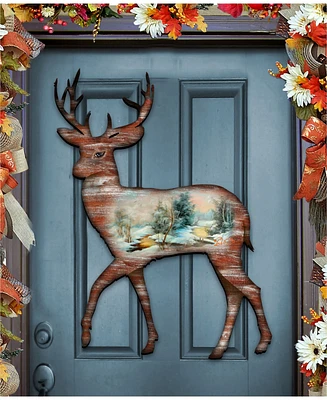 Designocracy Christmas Woodsy Deer Scenic Wooden Decorative Door Hanger