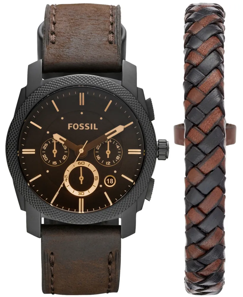 Fossil Machine Chronograph Dark Brown Leather Watch and Bracelet Box Set 42mm