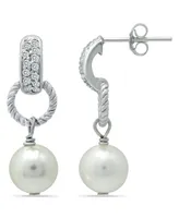 Imitation Pearl Pave Cubic Zirconia Doorknocker Drop Earrings Crafted in Silver Plate
