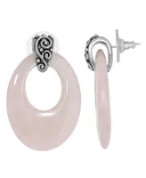 2028 Pewter Semi Precious Oval Rose Quarts Hoop Earrings