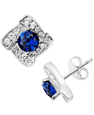 Blue Glass & Cubic Zirconia Square Halo Stud Earrings in Silver-Plate