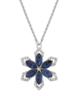 2028 Silver-Tone Sapphire Blue Color Stone with Crystals Flower 16" Adjustable Necklace