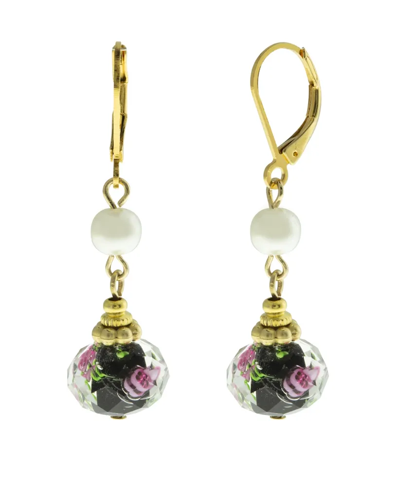 2028 Gold-Tone Imitation Pearl and Black Floral Drop Bead Earrings