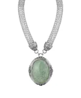 2028 Silver-Tone Mesh Tube Chain with Oval Green Pendant 18" Necklace