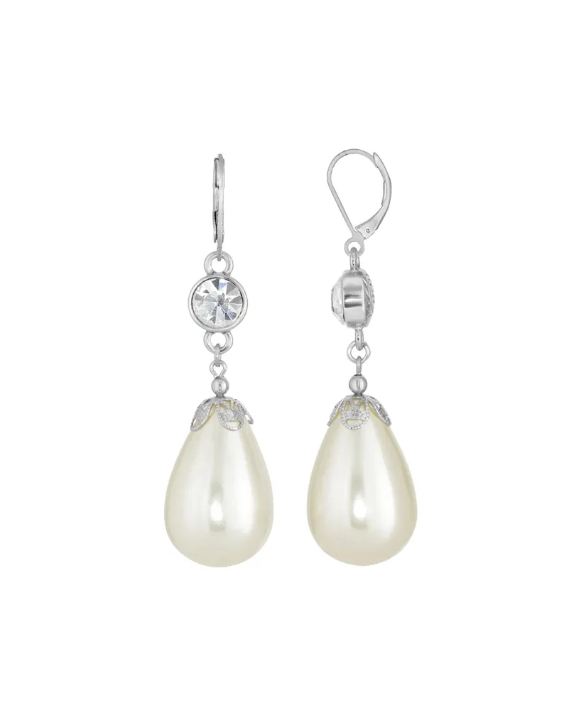 2028 Silver-Tone Crystal Large Imitation Pearl Pear Shape Drop Earring
