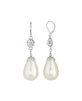 2028 Silver-Tone Crystal Large Imitation Pearl Pear Shape Drop Earring