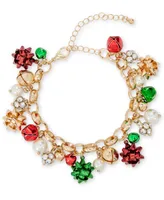 Holiday Lane Tri-Tone Crystal, Imitation Pearl & Bow Jingle Bell Charm Bracelet, Created for Macy's