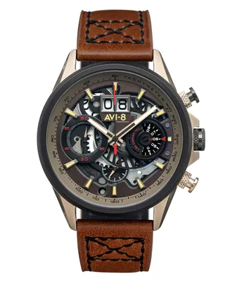 Avi-8 Men's Hawker Harrier Ii Brown Genuine Leather Strap Watch, 45mm