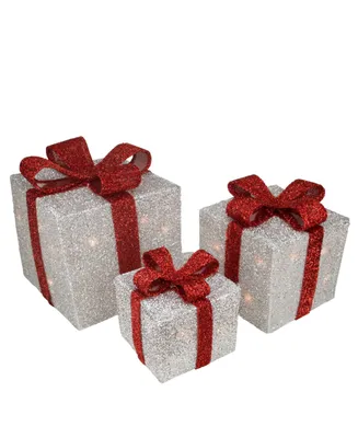 Northlight Tinsel Lighted Gi Boxes with Red Bows Outdoor Christmas Decorations