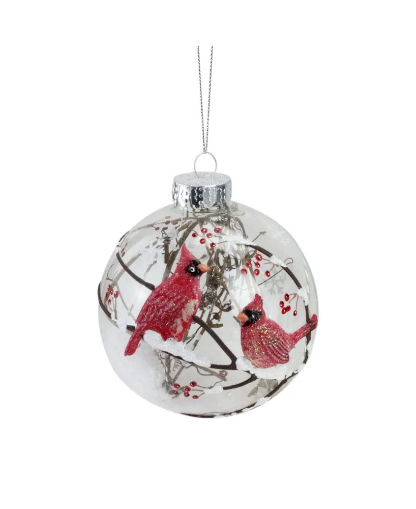 Northlight Branch and Snow Filled Glass Ball with Cardinals Christmas Ornament