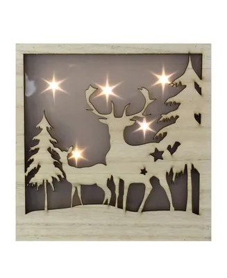Northlight Two Deer and Trees Cut-out with Led Lighted Stars Christmas Wood Box