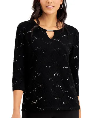 Jm Collection Petite Sequined Jacquard Top, Created for Macy's