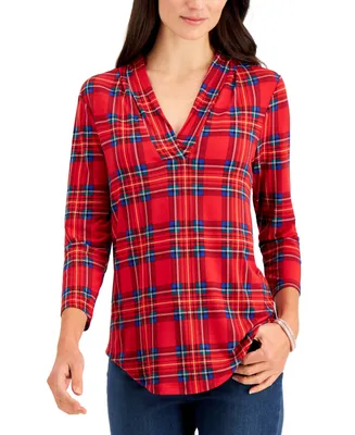 Charter Club Plaid Pleated V-Neck Top, Created for Macy's