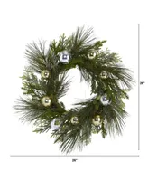 Nearly Natural Sparkling Pine Artificial Wreath with Decorative Ornaments