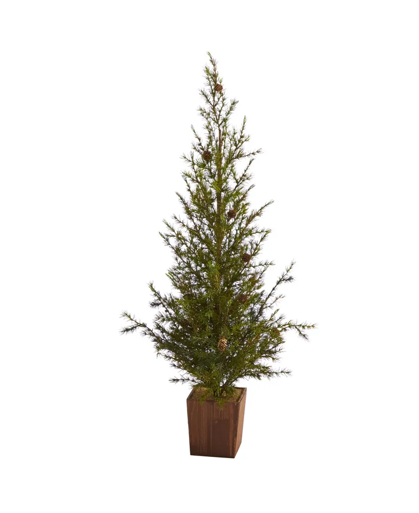 Nearly Natural Alpine "Natural Look" Artificial Christmas Tree in Wood Planter with Pine Cones