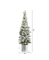 Nearly Natural Flocked Christmas Artificial Pine Tree in Tin Planter