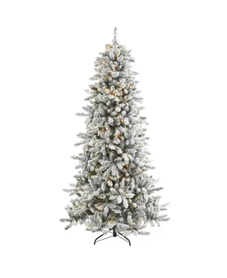 Nearly Natural Flocked Livingston Fir Artificial Christmas Tree with Pine Cones and 500 Clear Warm Led Lights