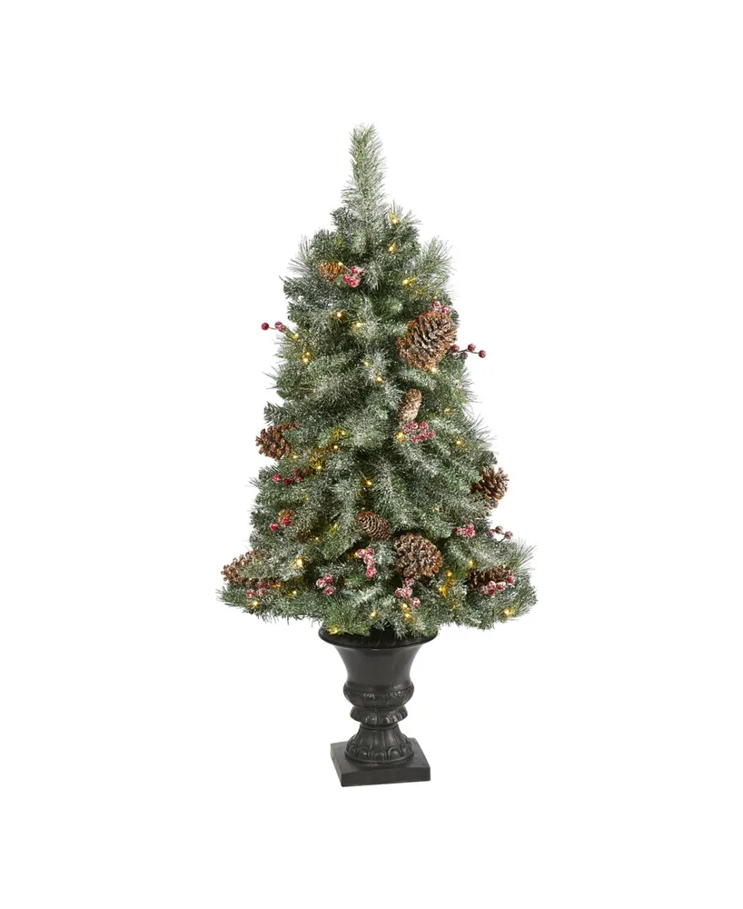 Nearly Natural Frosted Pine, Pinecone and Berries Artificial Christmas Tree with 100 Clear Led Lights in Decorative Urn