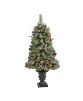 Nearly Natural Frosted Pine, Pinecone and Berries Artificial Christmas Tree with 100 Clear Led Lights in Decorative Urn