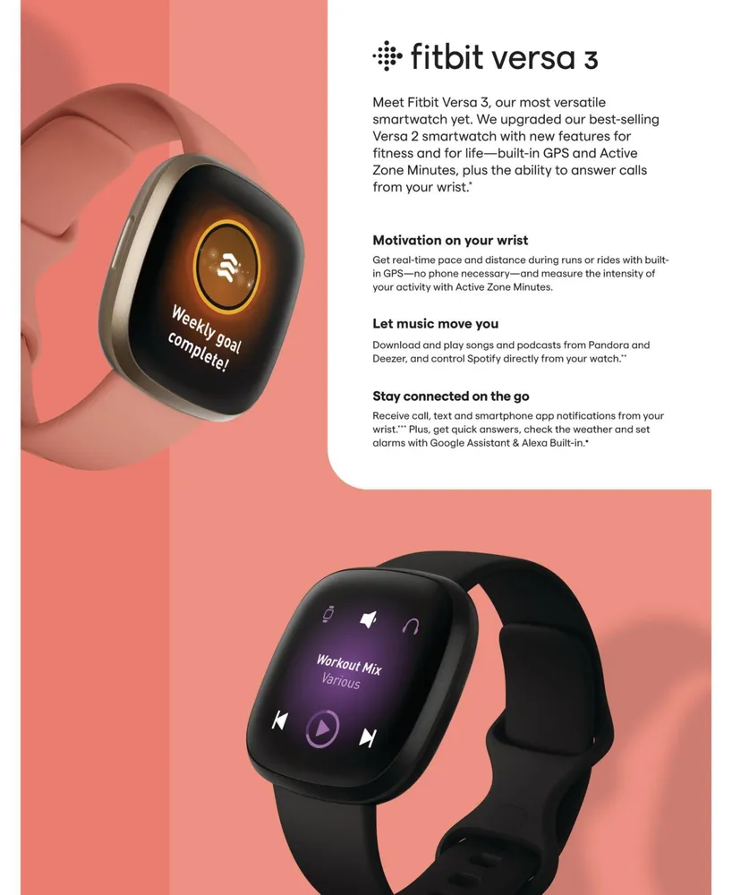Fitbit Versa 3 Pink Clay Strap Smart Watch 39mm